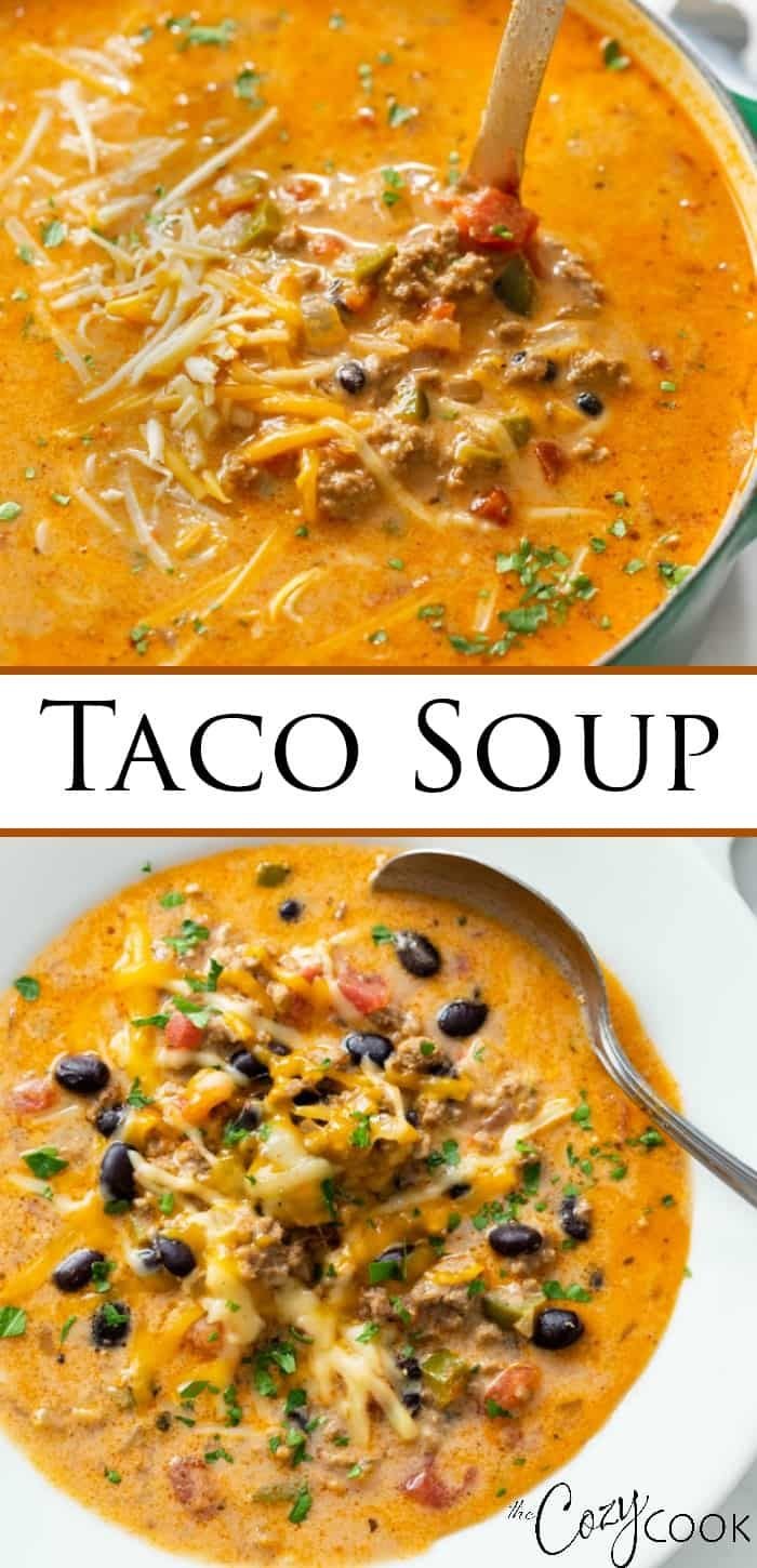 Taco Soup is an easy recipe with ground beef that you can make on the Stove Top or the Crock Pot! The broth is cheesy an… | Soup with taco meat, Soup ideas with ground beef, Taco soup recipe