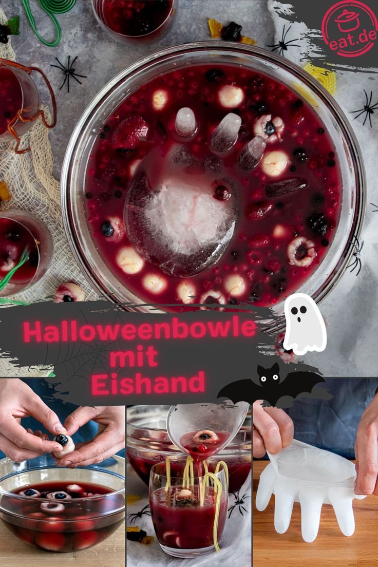 Schaurige Halloweenbowle mit Eishand | Rezept