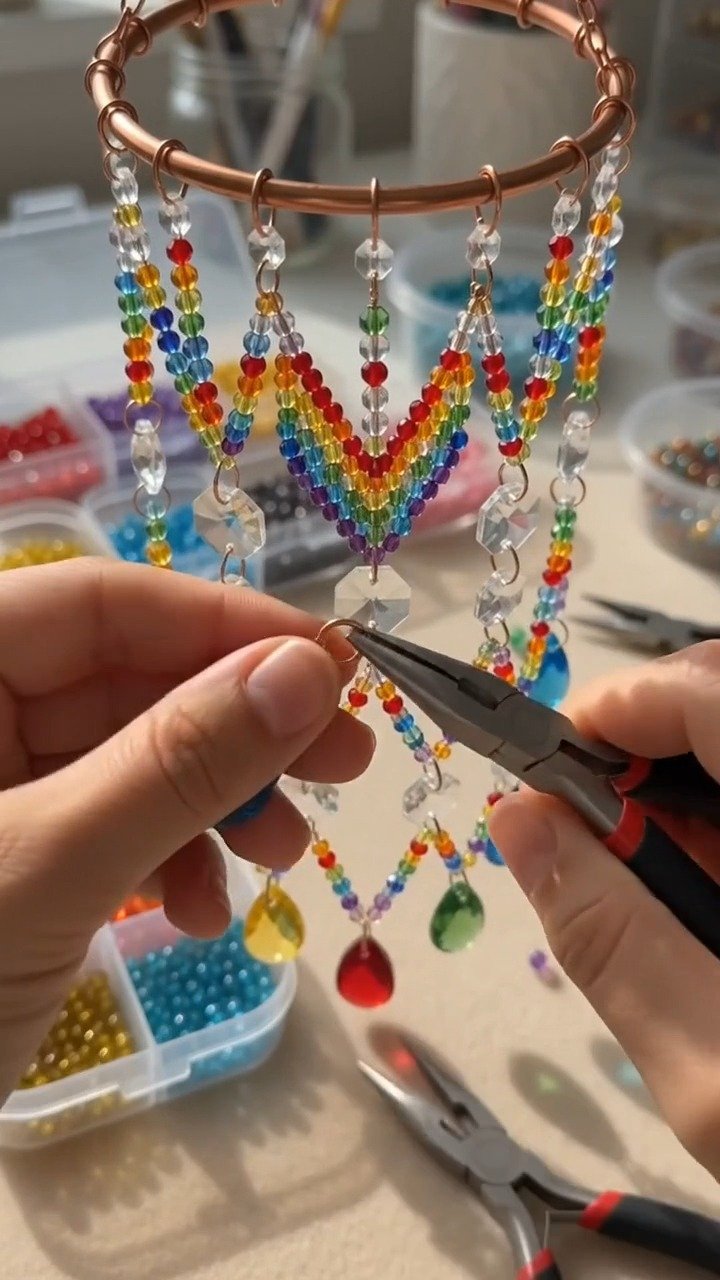 Bunte Perlen und Kristalltropfen schaffen einen funkelnden Chevron-Sonnenschutz, der das Licht in jedem Fenster wunderschön einfängt.