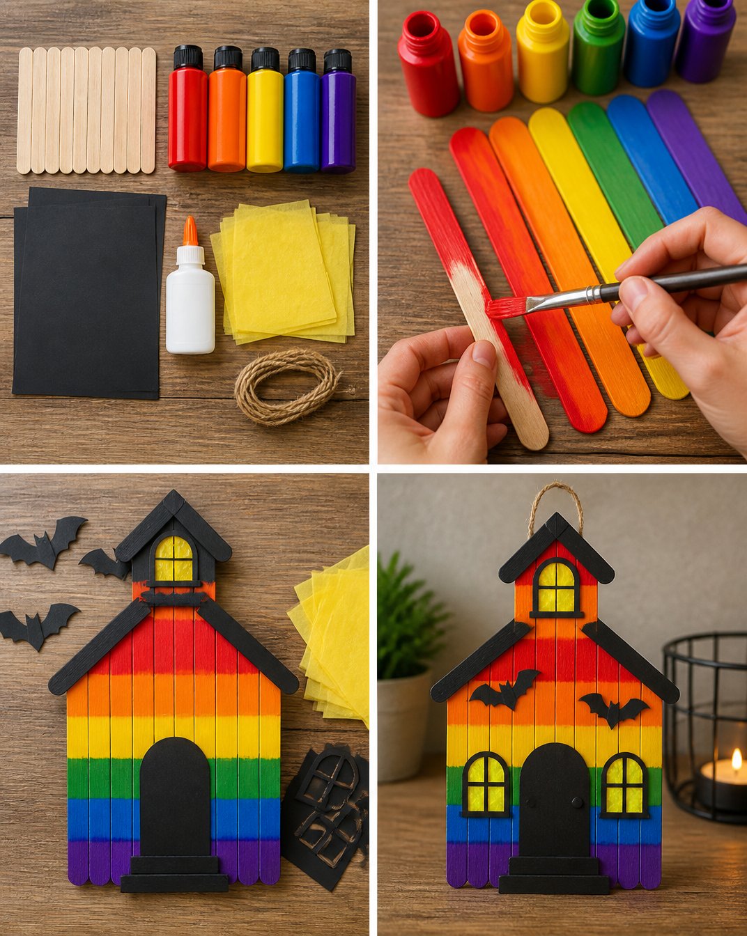 DIY Rainbow Popsicle Stick Haunted Schoolhouse Craft 21 Rainbow Popsicle-Stick Haunted Schoolhouse