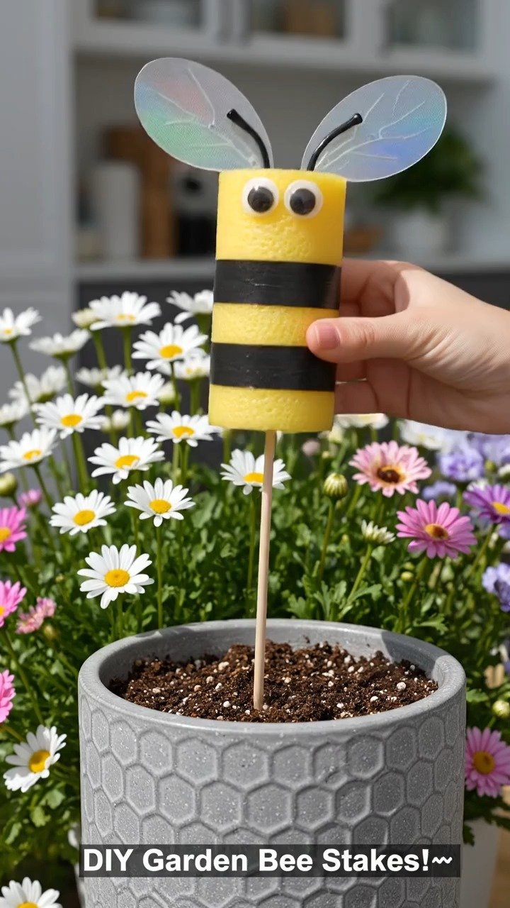 Helle Poolnudelstücke werden zu freundlichen Bumblebee-St stakes, die Gärten und Blumentöpfe auf spielerische Weise verschönern.