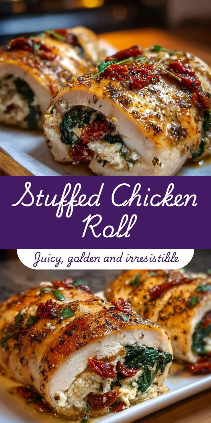 Golden Rolled Chicken Breast Stuffed with Feta, Spinach and Sun-Dried Tomatoes