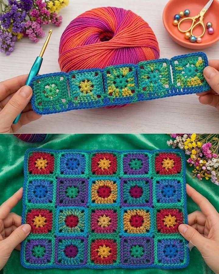 🌸💙 SCHAU DIR DIE JUWELENFARBEN AN! Die Kombination aus meliertem Garn und klaren, einfarbigen Rändern lässt diese mini Sternenstrahl-Quadrate wie winzige Buntglasfenster aussehen! 😍