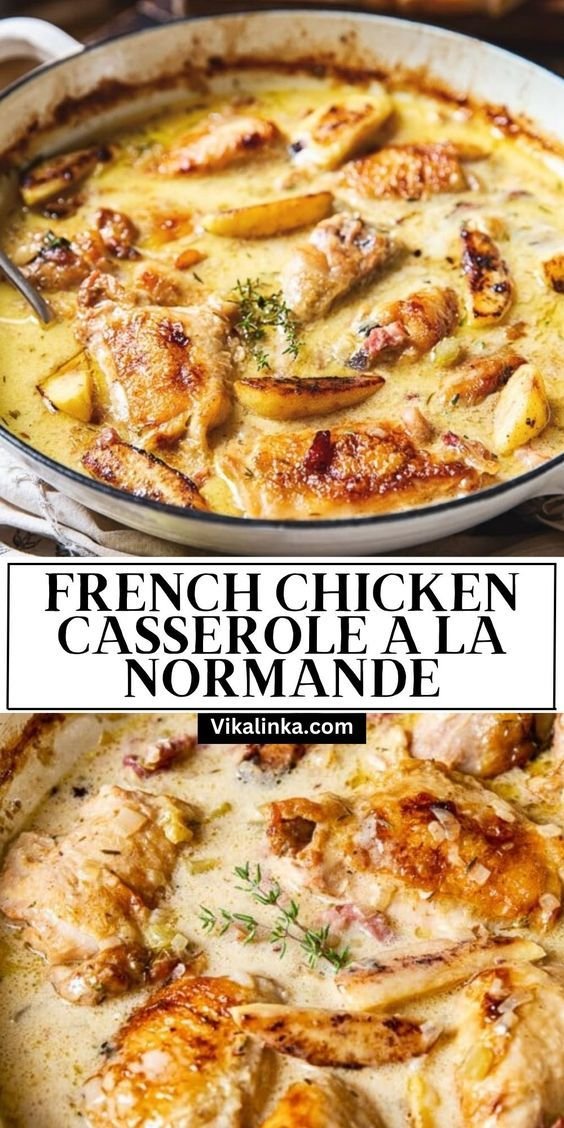 This French Chicken Casserole is going to be your new seasonal favourite. Chicken thighs and legs slowly braised in appl… | Comfort food dinner ideas, Creamy chicken casserole recipe, French chicken casserole a la normande