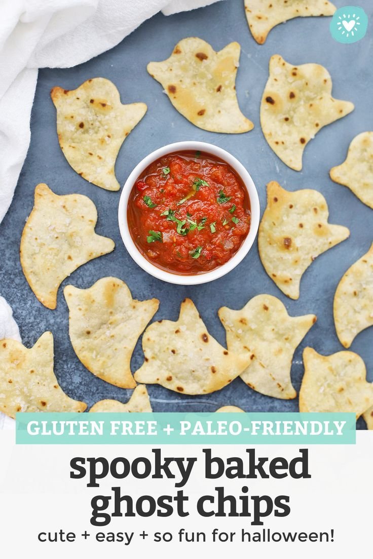 Spooky Baked Ghost Chips - You only need 15 minutes and 3 ingredients to make these adorable Halloween chips. The perfec… | Ghost tortilla chips, Halloween tortilla chips recipe, Easy halloween food ideas