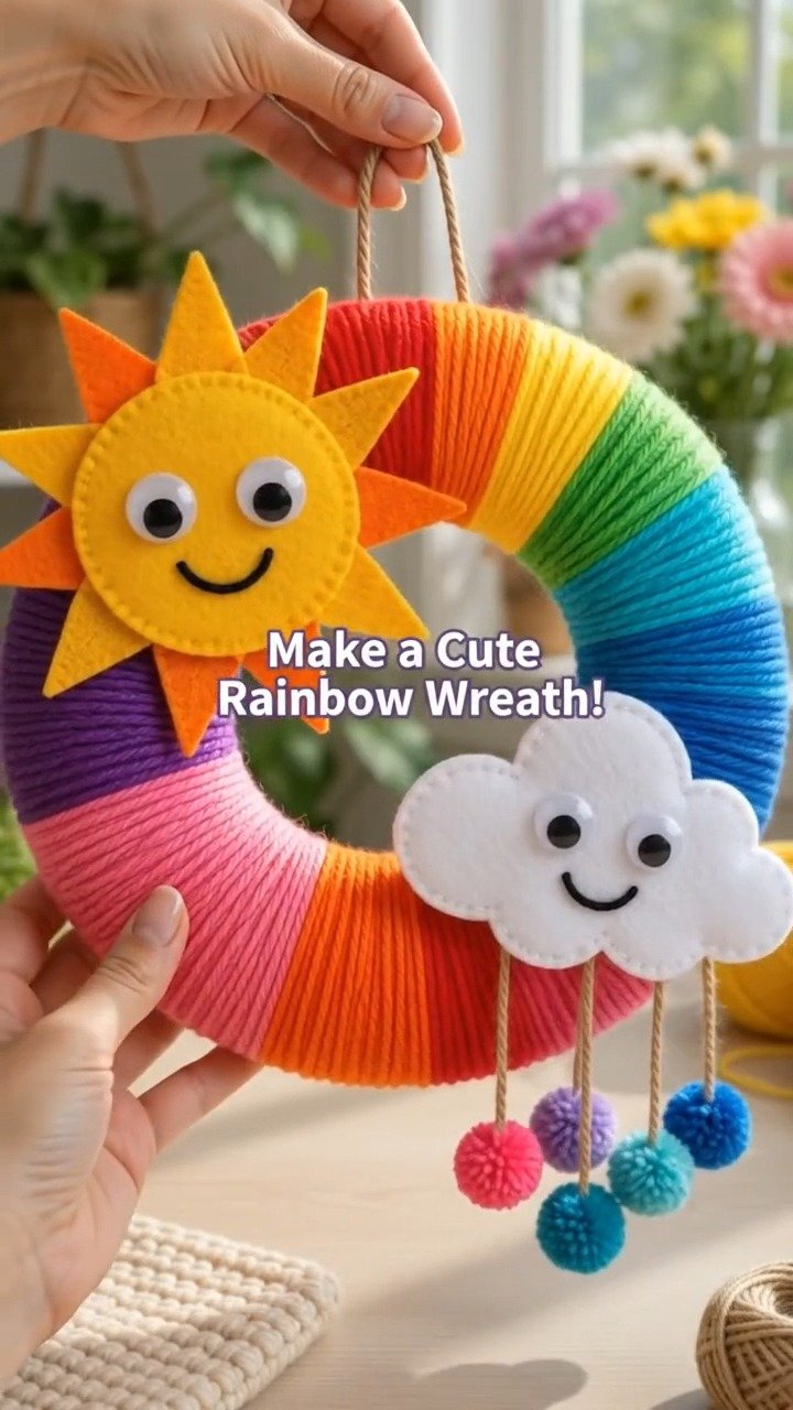 Weiche Regenbogenwolle, eine fröhliche Sonne und eine fluffige Wolke vereinen sich in diesem verspielten Kranz für eine strahlende handgemachte Dekoration. Bewahre diese Idee für später auf.