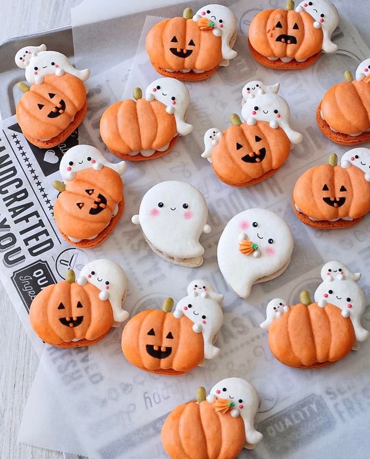 Halloween Baking Inspiration: Decorated Pumpkins and Ghost Cookies | Halloween party cookie inspiration, Halloween aesthetic treats, Halloween macaron decorating ideas