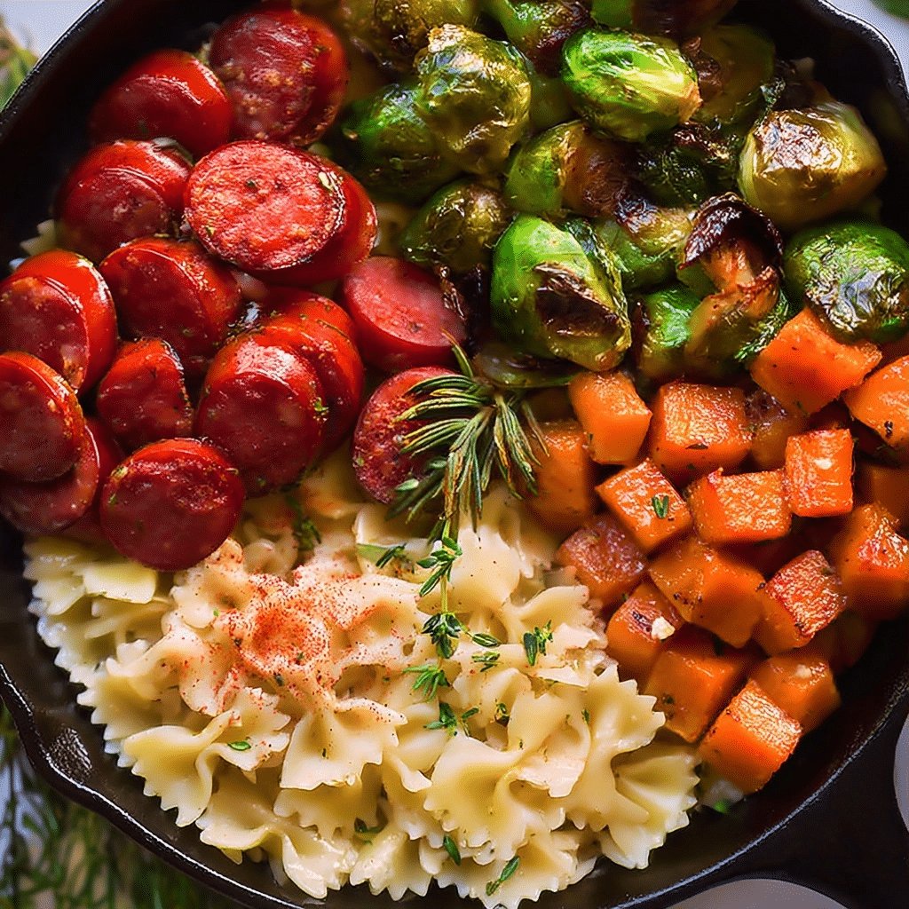 Autumn Dinner with Sausage, Pasta, Brussels Sprouts, and Butternut Squash