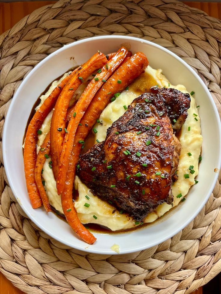 Honey Balsamic Chicken Thighs with Goat Cheese Mashed Potatoes and Roasted Carrots