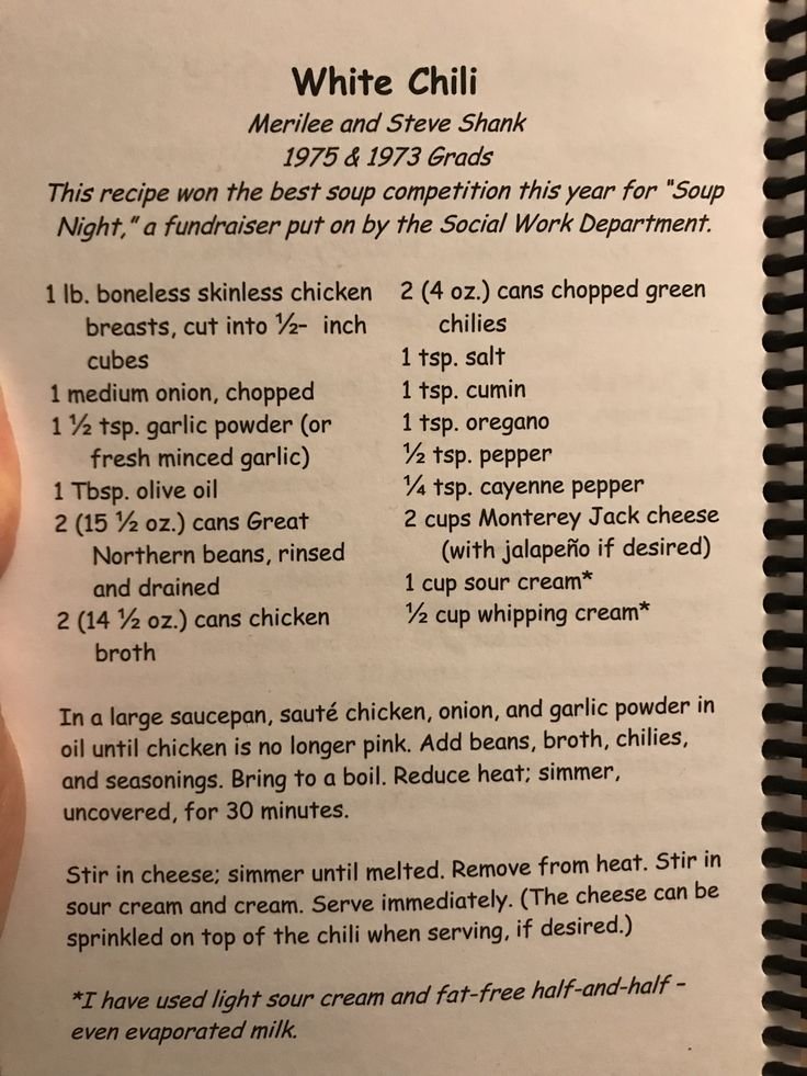 White Chicken chili recipe from Cedarville recipe book | White chile chicken soup, White chilli recipes, White chili recipe page