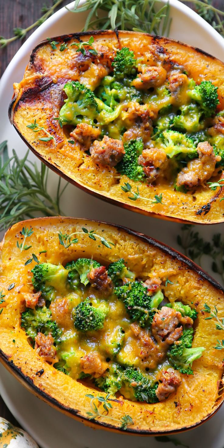 Stuffed Spaghetti Squash with Broccoli, Spicy Italian Sausage, and Cheddar Cheese.