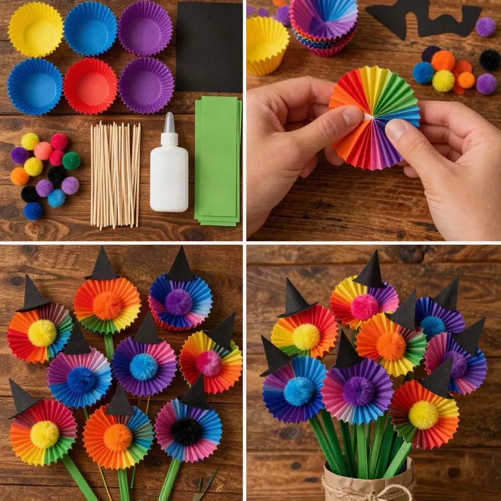 Witch-Hat Style Flowers Made from Cupcake Wrappers 7 Colorful Cupcake-Liner Witch Hat Flowers