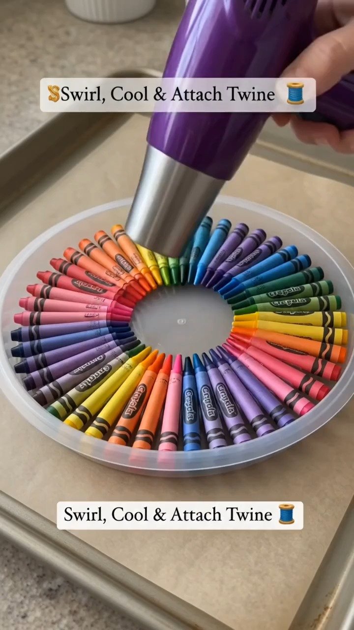 Geschmolzene Wachsmalstiftfarben erzeugen einen lebhaften Windspinner, der das Licht einfängt und spielerische Bewegung im Freien hinzufügt. Ein spaßiges Projekt für dieses Wochenende.