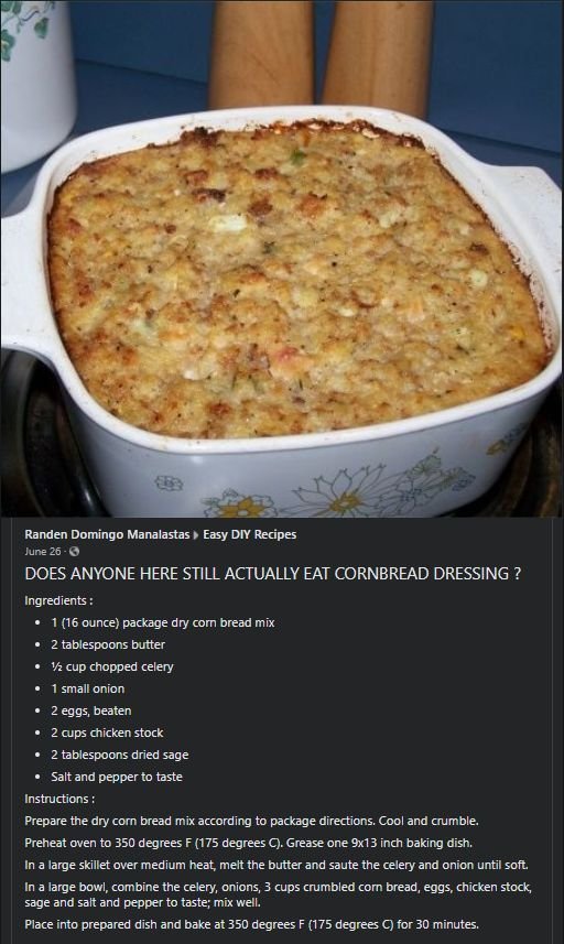 Southern Cornbread Dressing Recipe | Cornbread dressing recipe in baking dish, Easy cornbread dressing recipe, How to make cornbread dressing