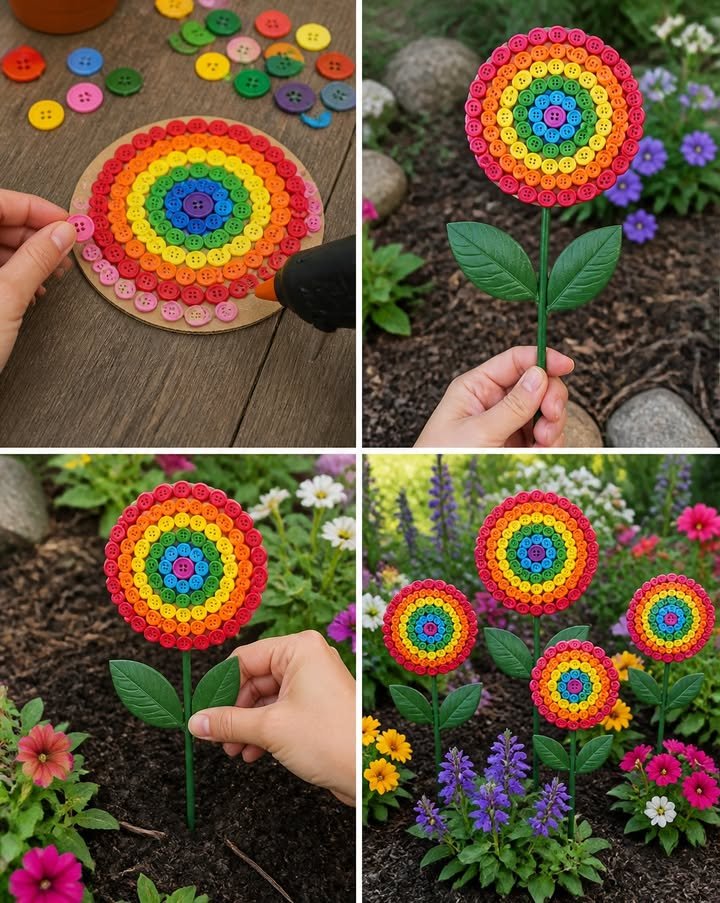 Giant rainbow button garden stakes enhance flower beds with vibrant oversized button decorations. Don't forget to save this project!