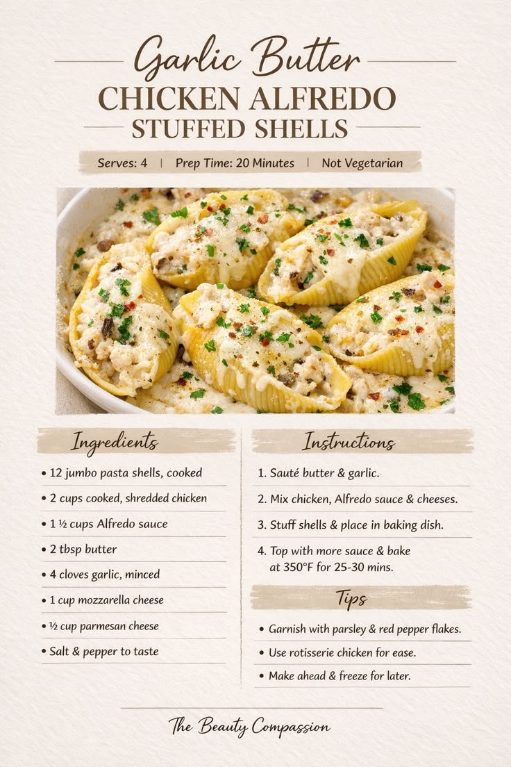 Garlic Butter Chicken Alfredo Stuffed Shells Recipe | Easy Creamy Dinner Idea