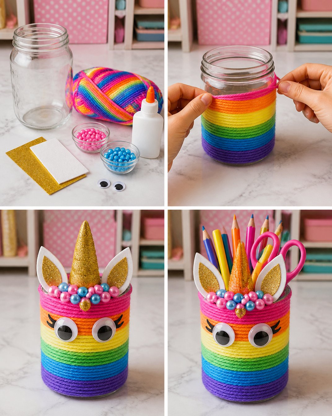 Colorful Rainbow Unicorn Pencil Holder - Desk Organizer 5 Rainbow Unicorn Pencil Jar
