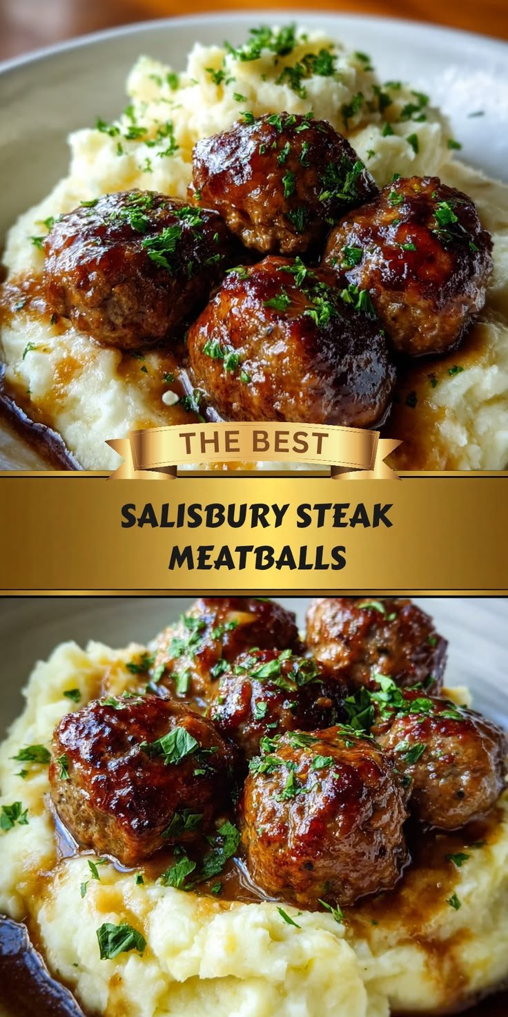 Salisbury Steak Meatballs with Garlic Herb Mashed Potatoes