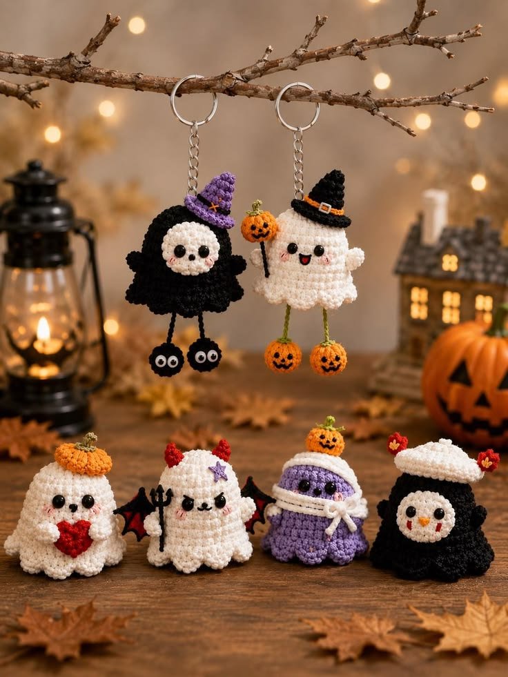 Handmade Crochet Halloween Ghost Keychain
