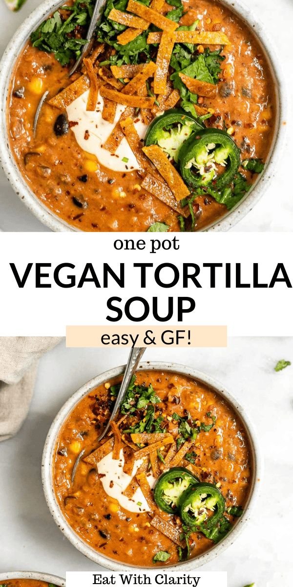 Vegan Lentil Tortilla Soup Recipe | Creamy lentil tortilla soup, Vegan creamy tortilla soup, Healthy plant-based soup
