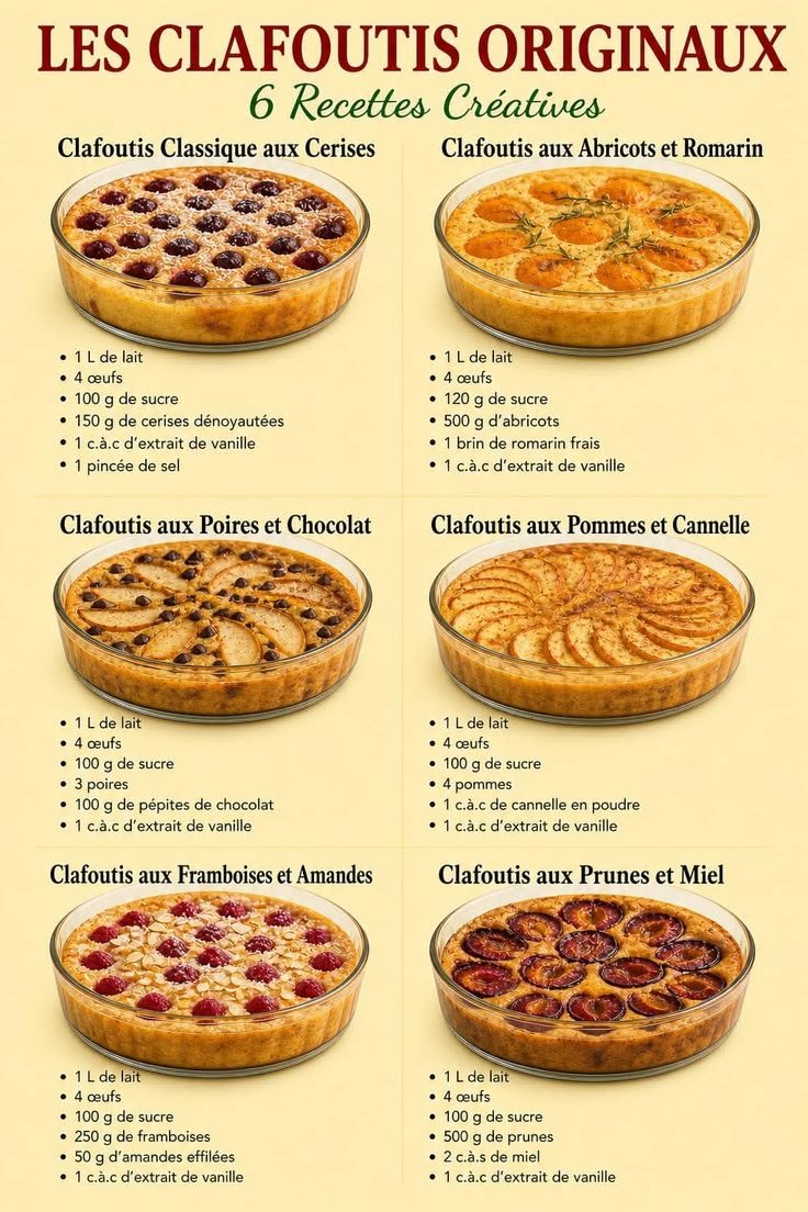 Le - 🍒 LES 6 RECETTES DE CLAFOUTIS ORIGINAUX 1. Clafoutis Classique aux Cerises Ingrédients : • 1 L de lait • 4 œufs • 100 g de sucre • 150 g de cerises dénoyautées • 1 c.à.c d'extrait de vanille • 1 pincée de sel Préparation : 1. Préchauffez votre fo...
