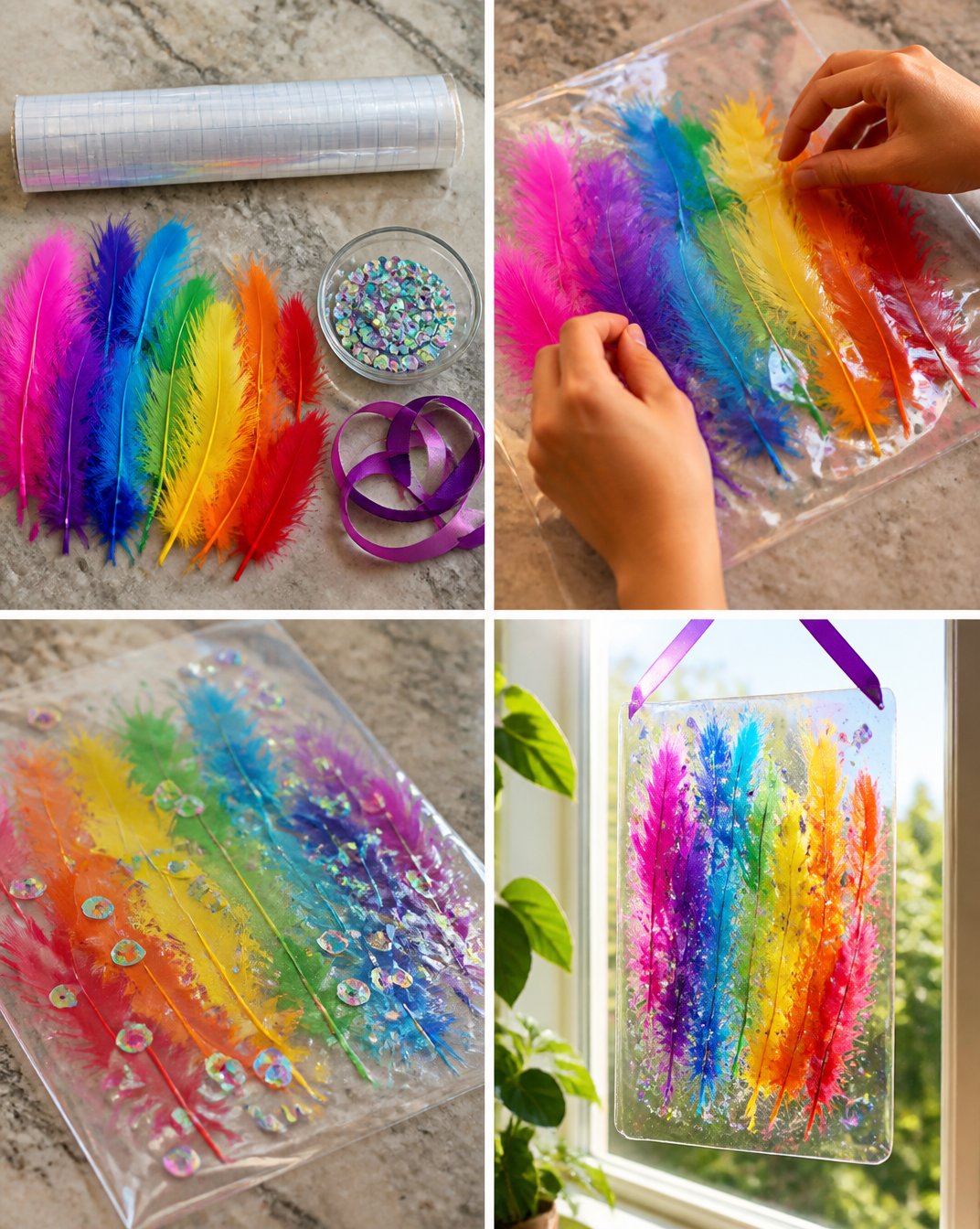 DIY Rainbow Feather Suncatcher That Shimmers 2 Rainbow Feather Suncatcher That Shimmers Beautifully