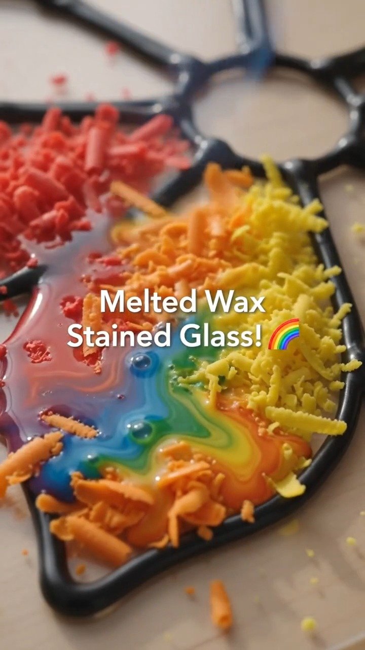 Geschmolzene Buntstifte erzeugen einen bunten Blumen-Sonneneinfänger mit einem glasmalerischen Look, der leuchtet, wenn die Sonne hindurchscheint. #CrayonFlower #StainedGlassCraft #DIYArt #CreativeCrafts