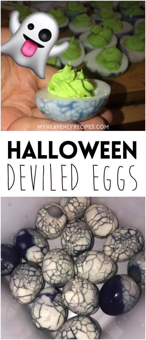 Halloween deviled eggs- spooky halloween appetizer to make for a halloween party! Green marbled eggs. Spider web eggs. C… | Creepy halloween party, Halloween party appetizers, Ideas halloween food