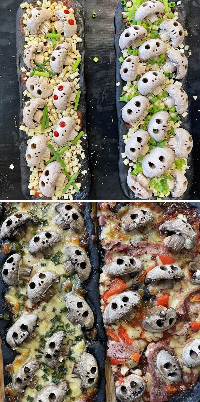 Halloween Pizza | Halloween pizza ideas, Halloween skull food, Mushroom skull pizza