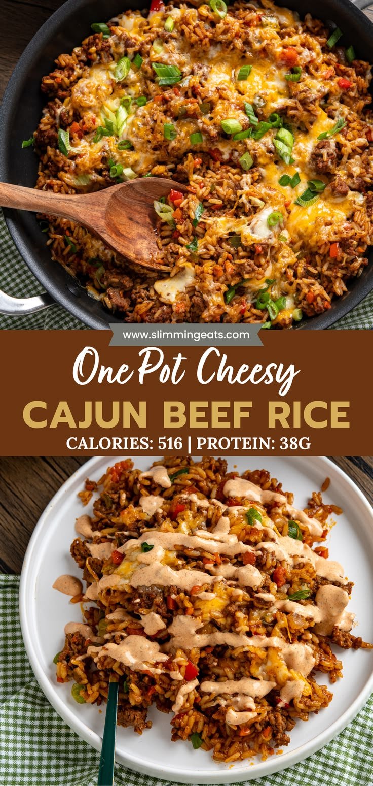 One Pot Cheesy Cajun Beef Rice, where tender beef, fragrant Cajun seasoning, and sweet peppers simmer with rice, topped … | Fast dinner recipes beef, Stroganoff rice, Thing to cook with ground beef