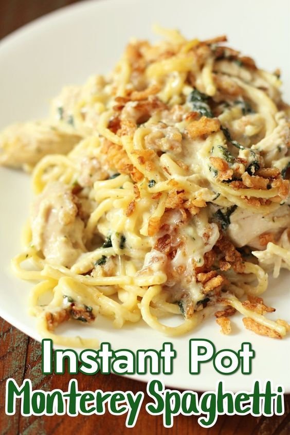 Instant Pot Monterey Spaghetti--creamy chicken spaghetti with lots of flavor from Monterey jack cheese, seasonings and f… | Chicken spaghetti with french fried onions, How to make monterey jack cheese chicken spaghetti, Instant pot dinner recipes