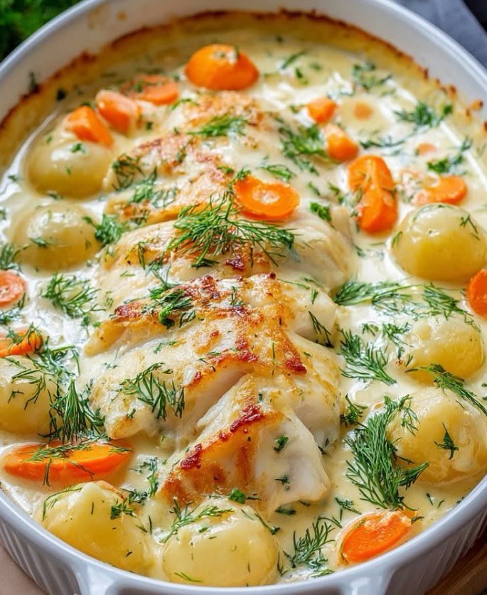Cassolette de poisson &agrave; la cr&egrave;me, l&eacute;gumes fondants et pommes de terre