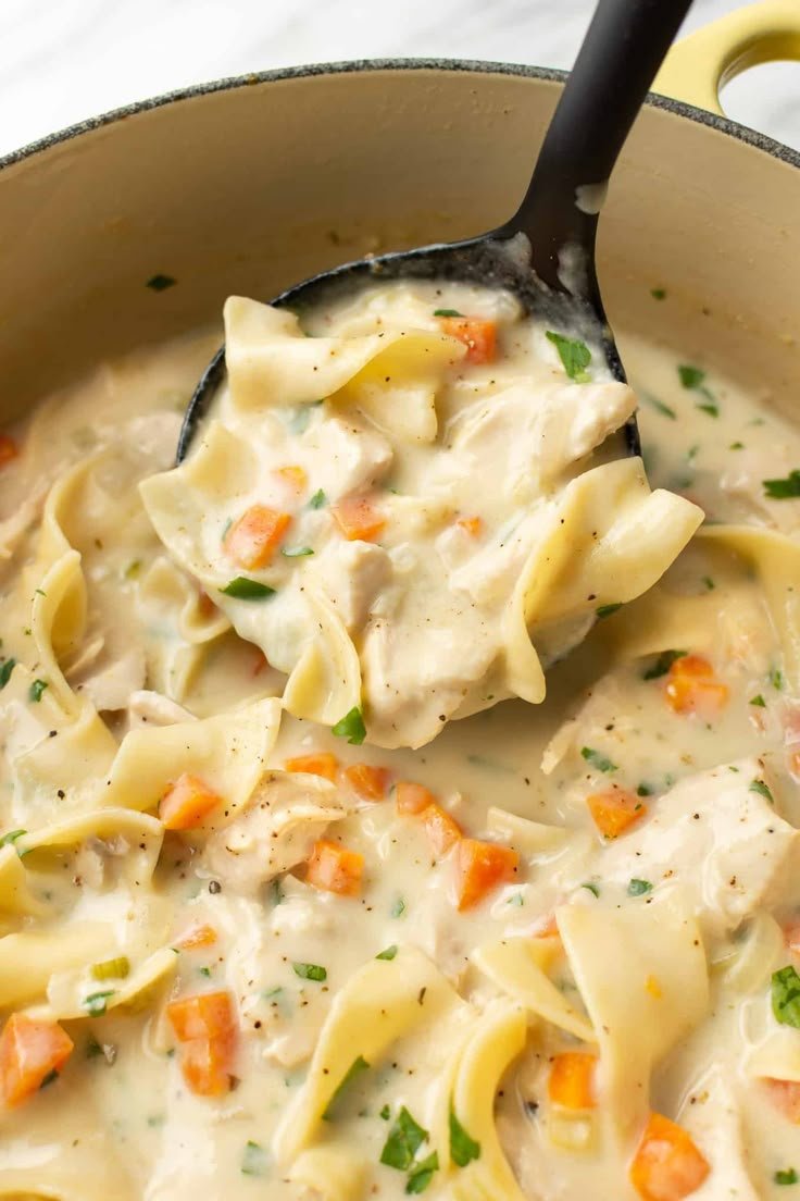 Easy Creamy Chicken Noodle Soup | Creamy chicken noodle soup slow cooker, Creamy chicken noodle soup crockpot, Cool weather dinner ideas