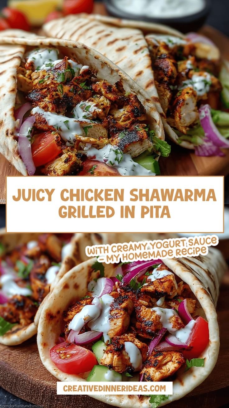 Juicy Chicken Shawarma in Pita with Yogurt Sauce