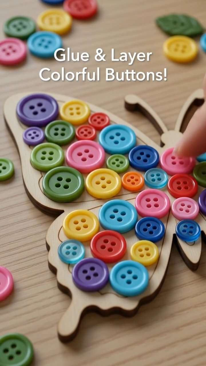 Eine Mischung aus Knöpfen wird mit spielerischen Farben und Texturen zu charmierender Wandkunst, die Ihrem Raum Persönlichkeit verleiht. Perfekt für Ihren nächsten Basteltag.