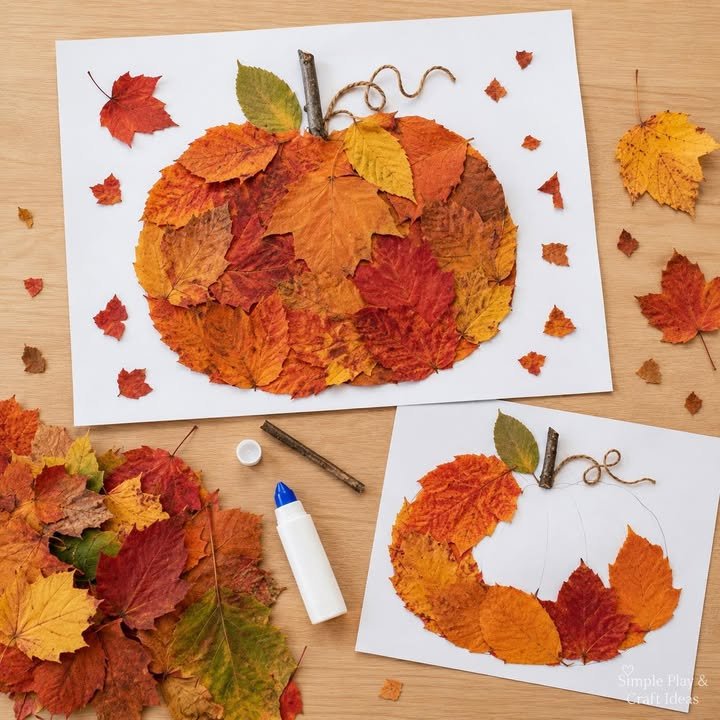 🎃🍂 AUTUMN LEAF PUMPKINS

Turn those gorgeous fallen leaves into an easy autumn craft! Collect leaves in lots of different colours, then overlap and glue them onto card to create a big round pumpkin....