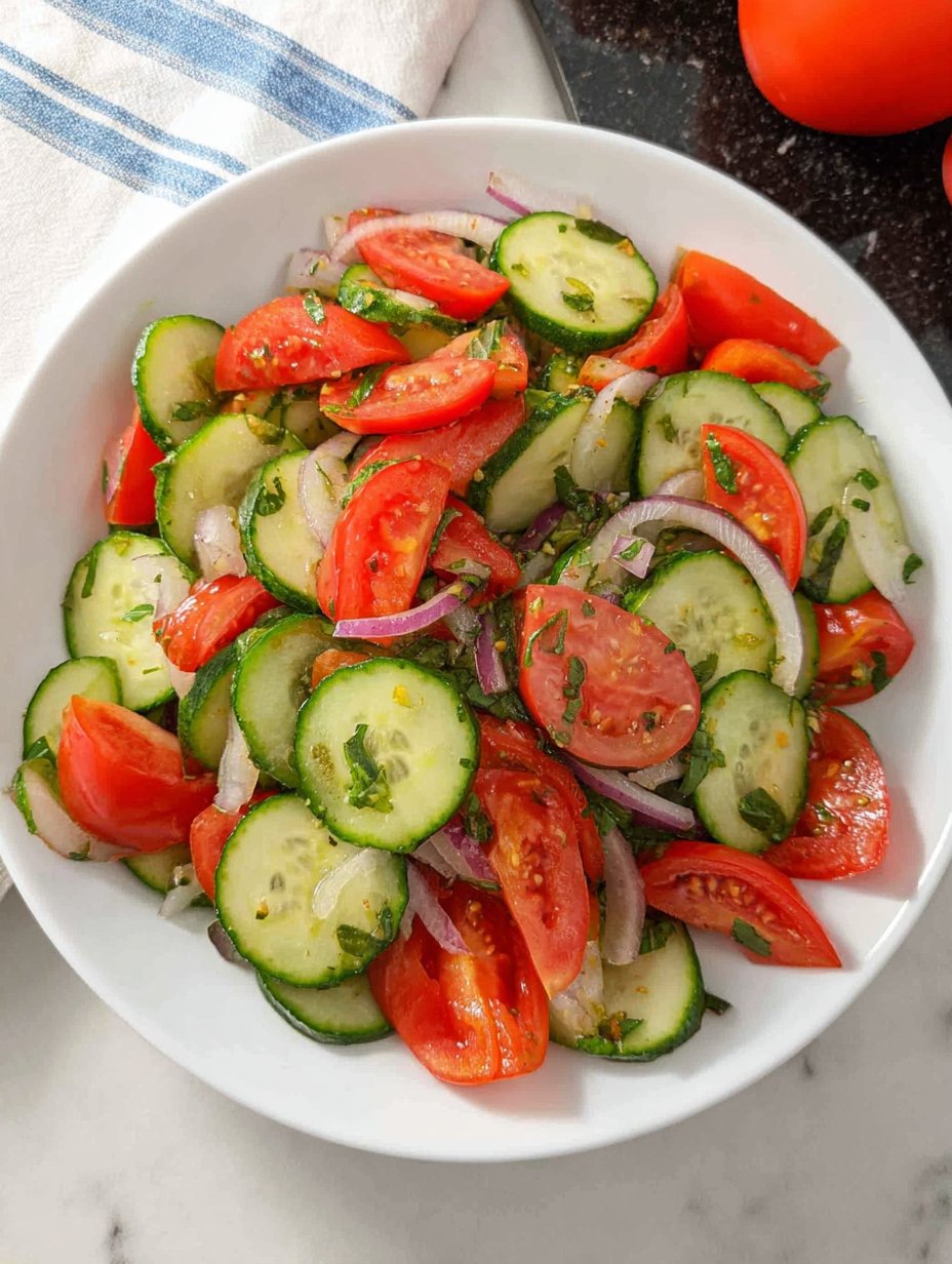 Salade de concombre et de tomate croquante et rafraîchissante avec vinaigrette au basilic et à l'aneth.