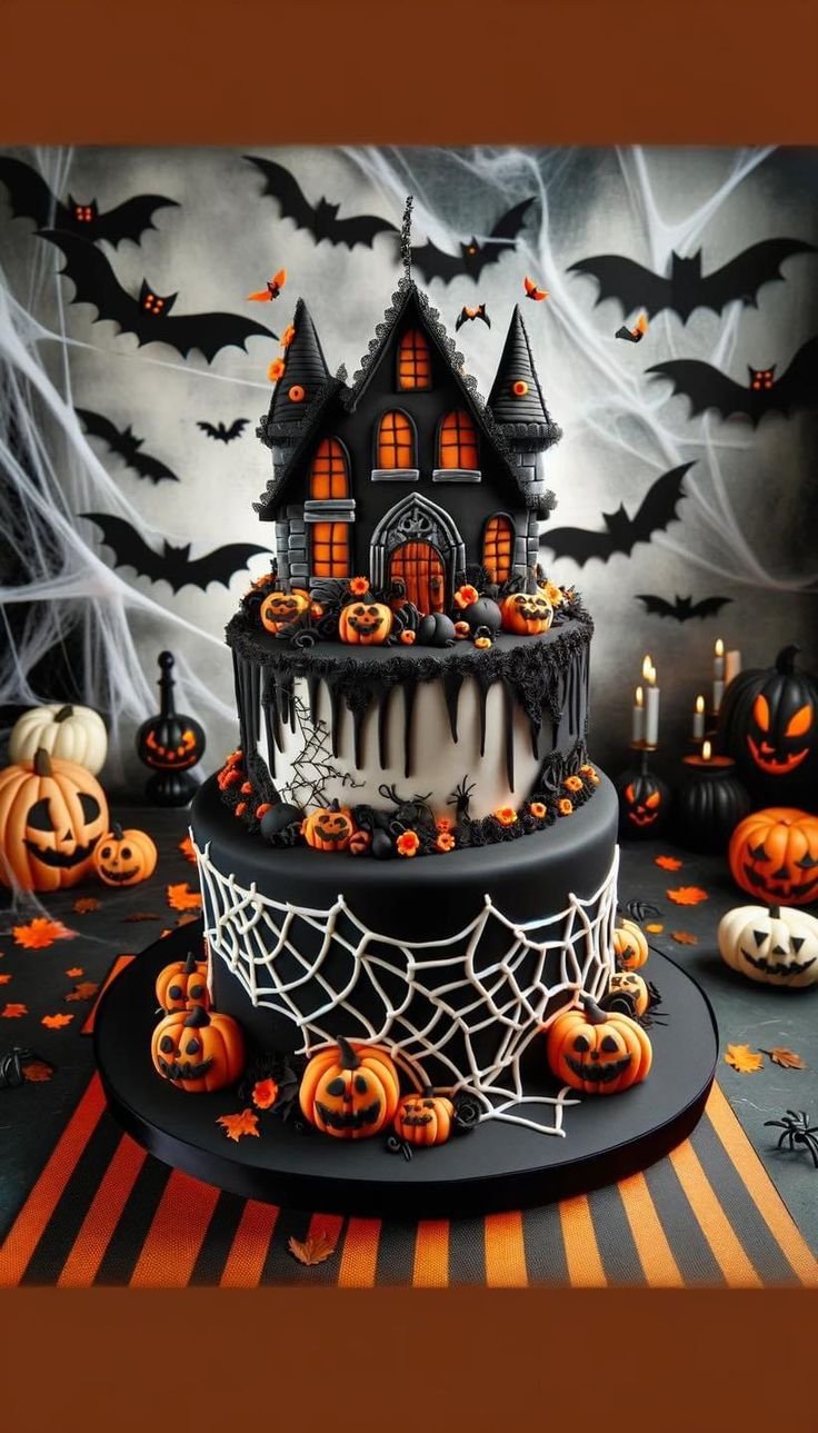 Black and orange halloween cake | Halloween haunted house cake, Halloween party dessert ideas, Halloween birthday cakes