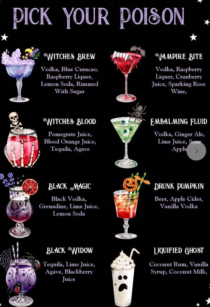Witchy cocktail names | Halloween themed cocktails, Vampire cocktail names, Halloween cocktail party ideas