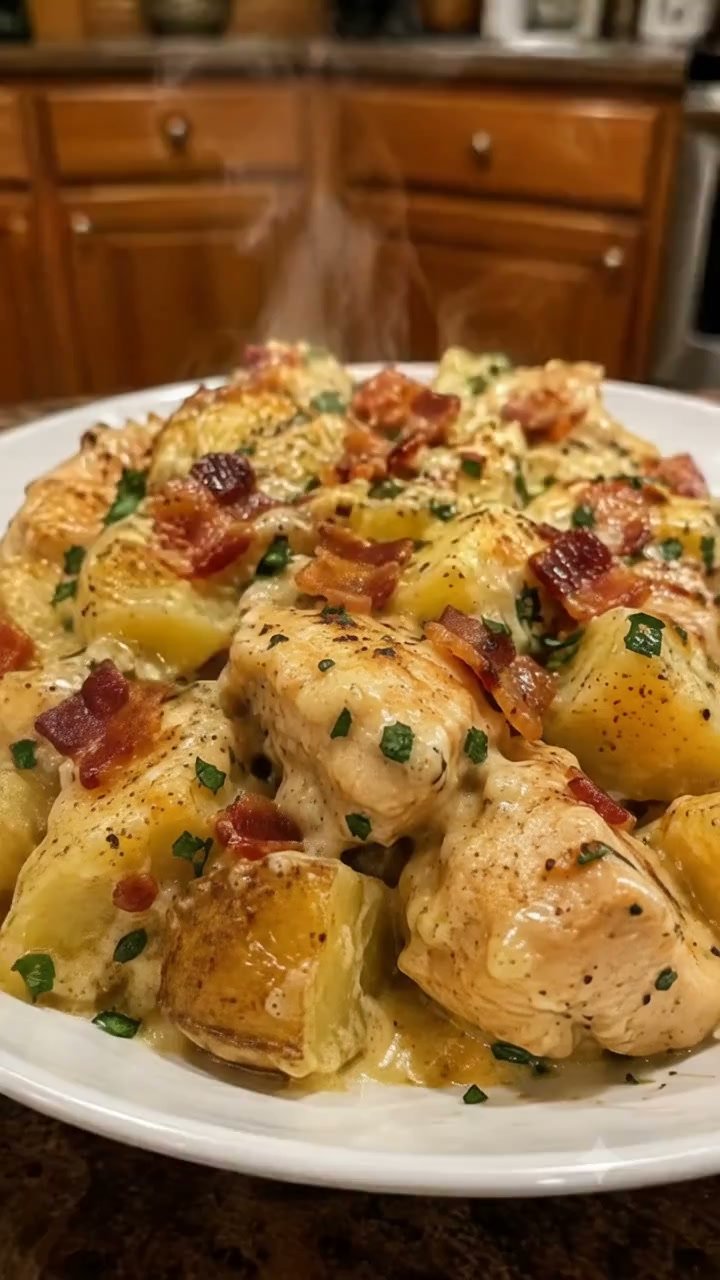 Crockpot Cheesy Bacon Garlic Parmesan Chicken Potato Bake