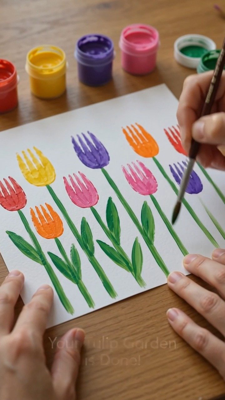 Eine Plastikgabel stempelt Reihen von leuchtenden Tulpen und schafft eine fröhliche Gartenszene mit einfachen bemalten Stängeln und Blättern.