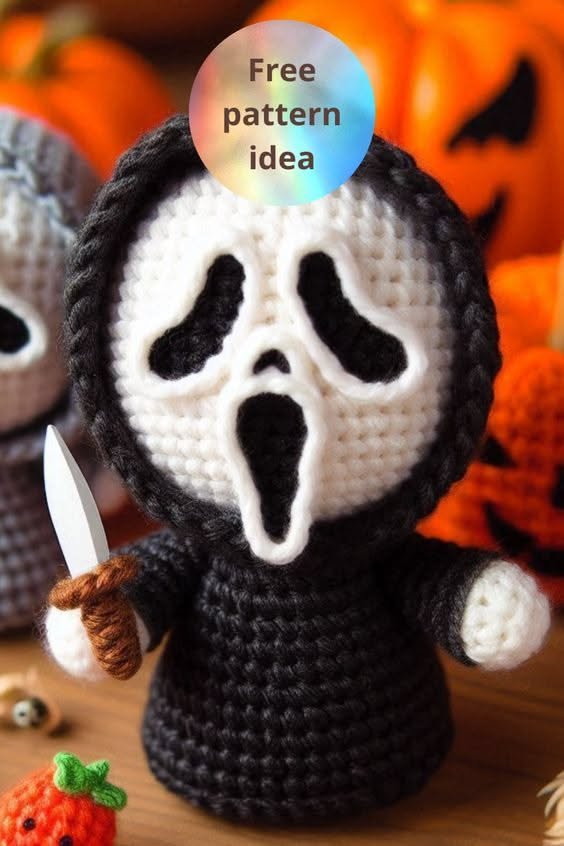 Create a spooky Amigurumi Ghostface Halloween figure with this crochet pattern, perfect for Halloween decor or as a gift… | Ghost face crochet pattern free, Ghostface crochet pattern free, Amigurumi halloween