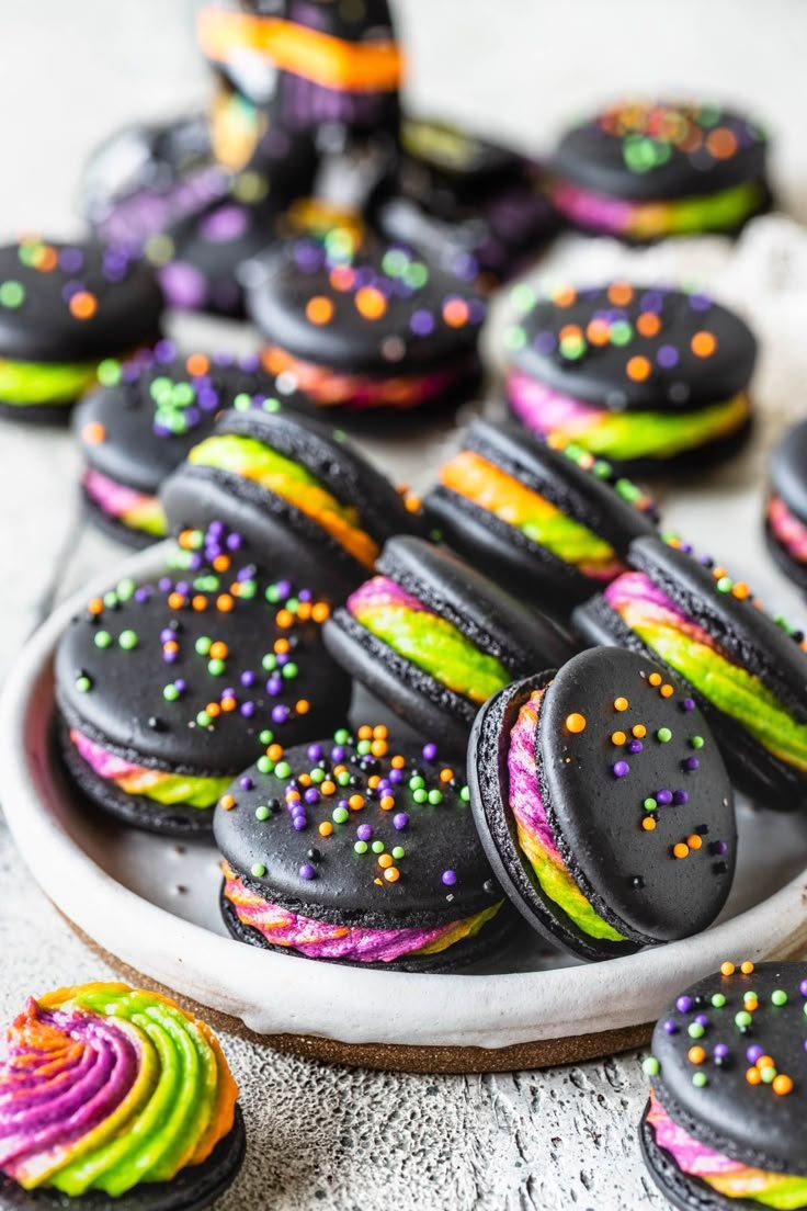 Black Macarons with Tricolor Ermine Buttercream