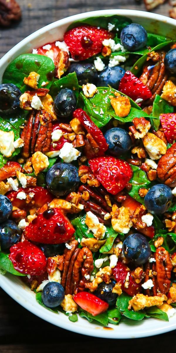 30-Minute Strawberry Spinach Salad with Blueberries, Pecans, Feta Cheese, and a Balsamic Glaze.
