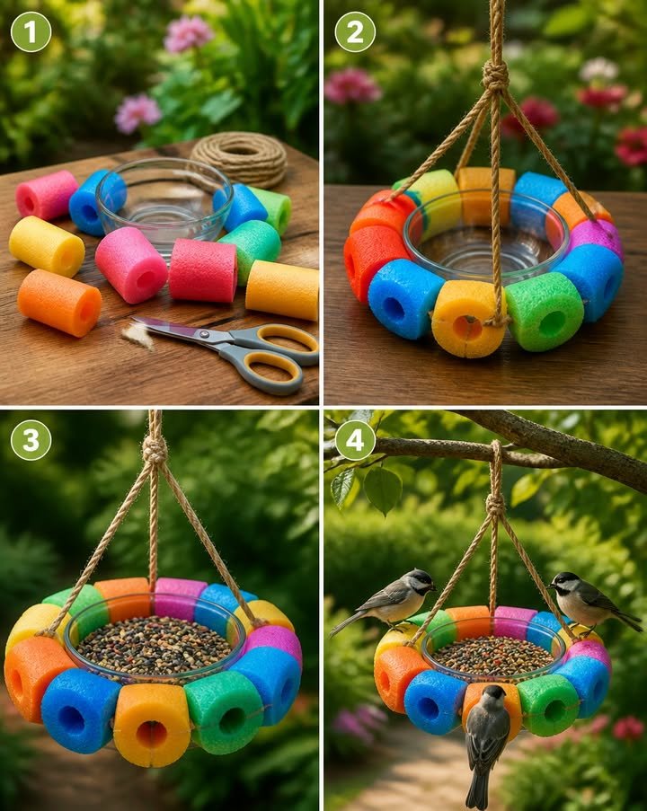 The pool noodle flower bird feeder draws in lovely birds to your backyard while enhancing the vibrant charm of your garden. It’s a fun DIY project for the outdoors. Don’t forget to save this idea!