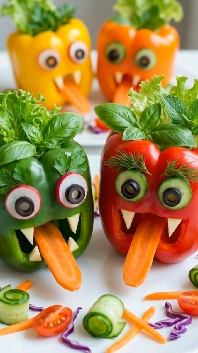 42K views · 436 reactions | Spooky-Cute Veggie Monsters 👹🌶️🥕 #FunWithFood #HealthySnacks #VeggieArt #CreativeCooking #KidsFood | Juno Recipes | Facebook