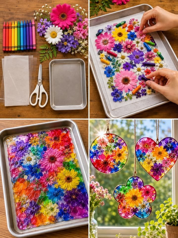 Melted Crayon Flower Suncatchers Become Cozy 5 Melted Crayon Flower Suncatchers
