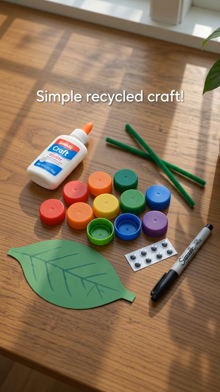 Bright bottle caps line up to form a cheerful rainbow caterpillar that's perfect for a colorful afternoon of crafting. #BottleCapCaterpillar #RecycledCraft #DIYKidsCraft #CreativeCrafts 10 Bright bottle caps line up to form a cheerful rainbow caterpillar that's perfect for a colorful afternoon of crafting. #BottleCapCaterpillar #RecycledCraft #DIYKidsCraft #CreativeCrafts