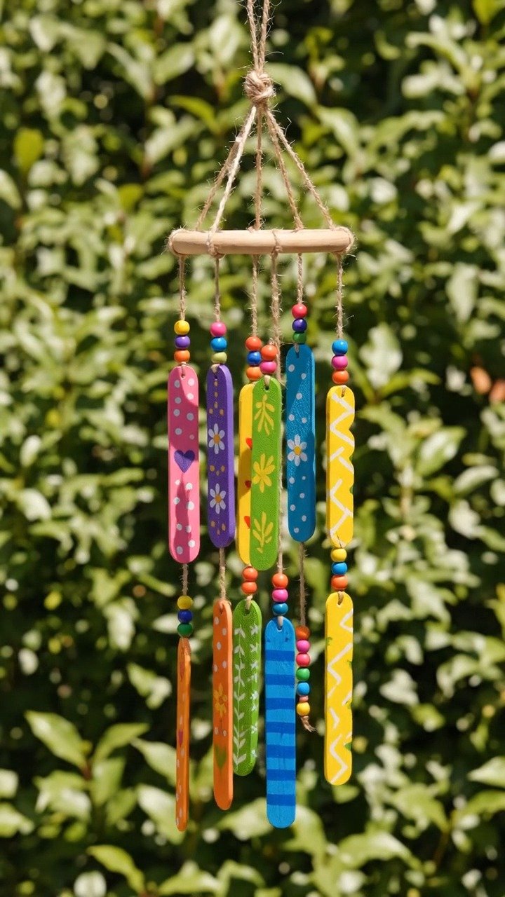 Bemalte Bastelsticks, Perlen und Zwirn vereinen sich zu einem lebhaften Windspiel, das Farbe und sanfte Bewegung in einen Außenbereich bringt. Ein spaßiges Projekt für dieses Wochenende.