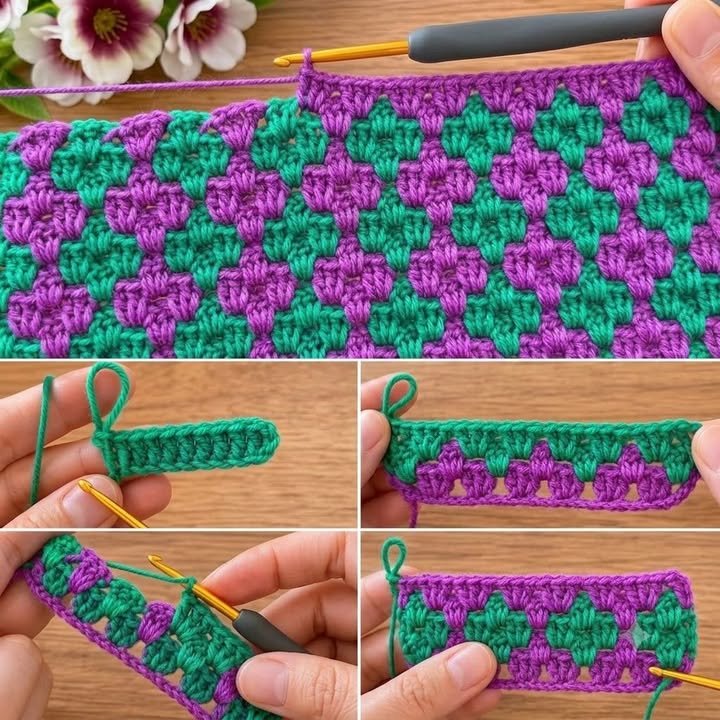 💜💚 Das verflochtene Kreuz-/Diamantmuster schafft eine so ordentliche, dichte Textur!
